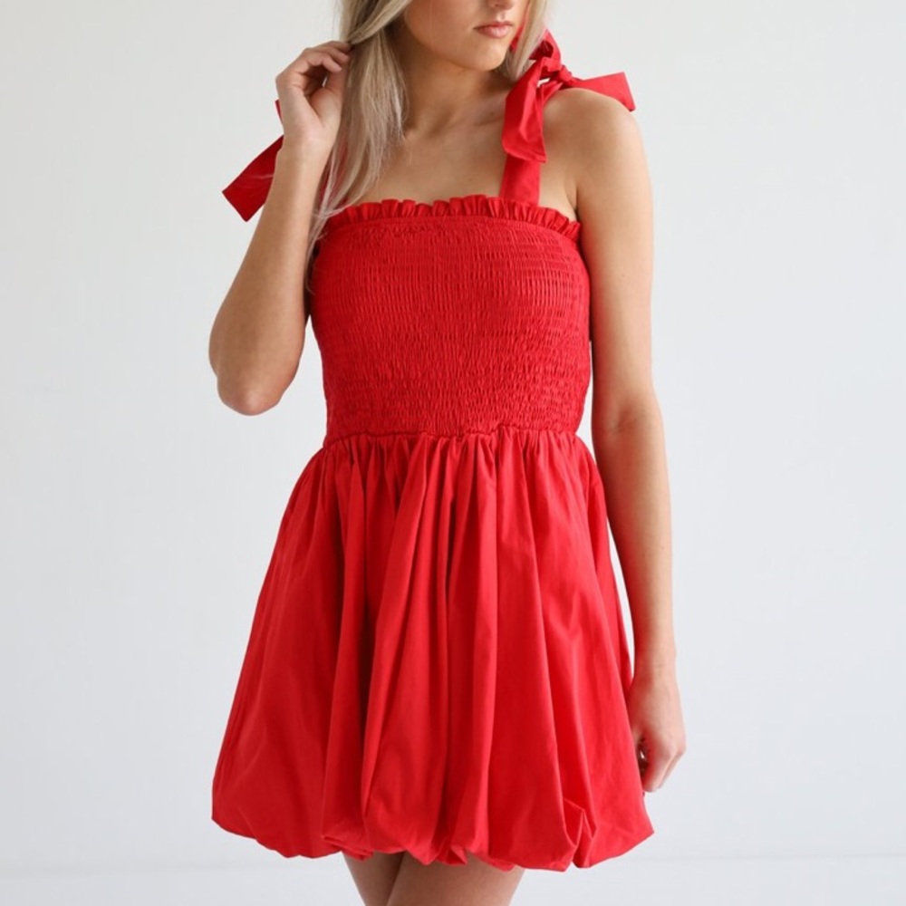 Red Tie-Shoulder Bubble Dress